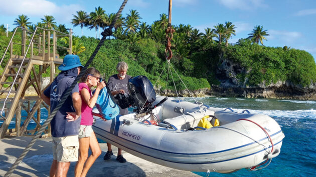 With no beaches to run up, the tender has to be craned out of the sea onto the jetty.
