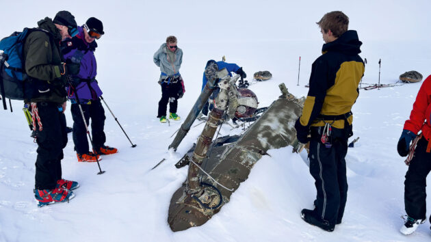 Wreckage of a Wessex helicopter which crashed while taking off in a blizzard during the Falklands conflict of 1982