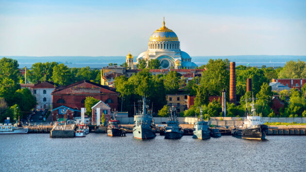 The Russian Naval Cathedral of Saint Nicholas on Kotlin Island in the approaches to St Petersburg in the eastern Baltic