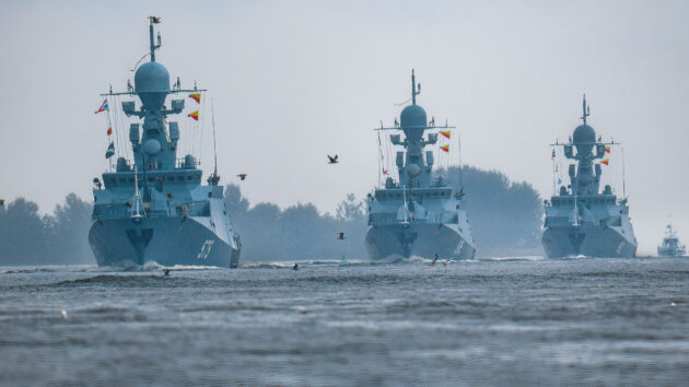 Russian naval ships on parade in the Gulf of Finland