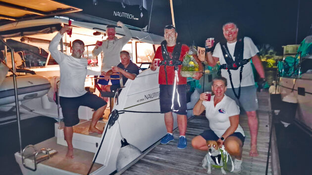 Estonian Kalev Päll and his crew on the Nautitech 40 Open Lara celebrate arriving in St Lucia
