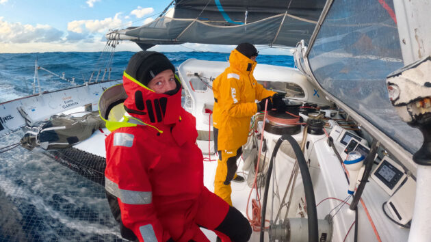 Layered up against the South Pacific cold – unlike modern Ultims, IDEC Sport’s cockpit is totally exposed