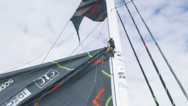 The trimaran’s huge mainsail shredded irreparably just days from the finish, so they sailed trimming the wing rig