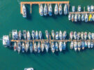 Aerial shot of boats lined up against a pontoon