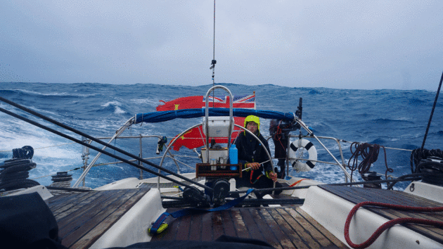 JP Baudains at Jacqeau’s wheel in grey, wet conditions heading south to New Zealand