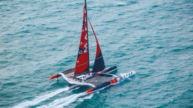 Aerial view of the trimaran in the water