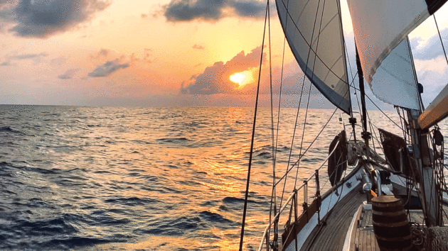 sailing towards a new dawn – the heavy 47ft ketch performs best on a reaching angle