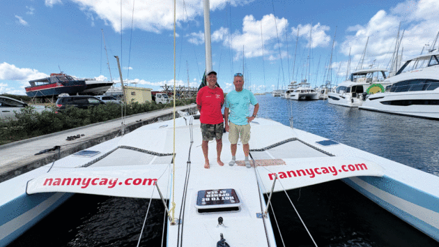 The rebuilt boat back on her pontoon in Nanny Cay