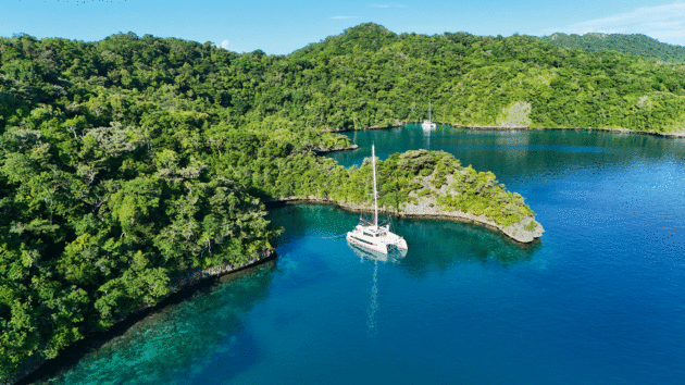tied up in a snug cove at the Fijiian island of Vanua Balavu