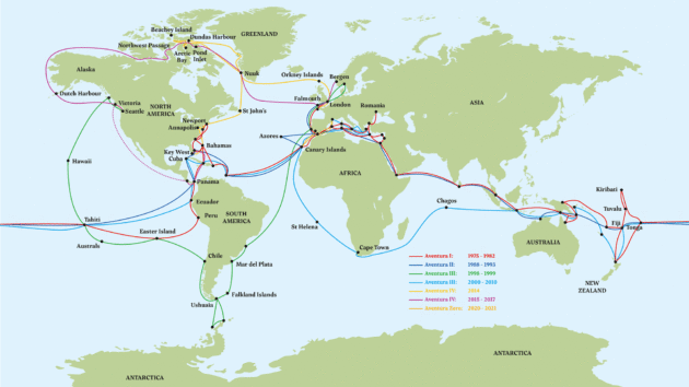 Cornell’s circumnavigation routes in various Aventuras from 1975 to 2021