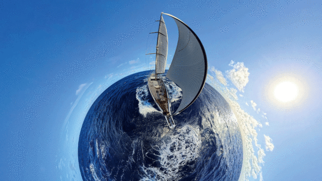 Fish-eye view of a yacht in the water