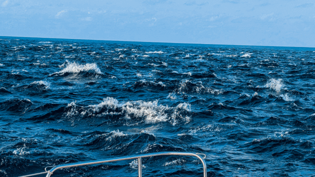 Bands of current churn the water near the mouth of the Malacca Strait