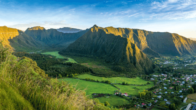 Dramatic topography and lush vegetation on the island