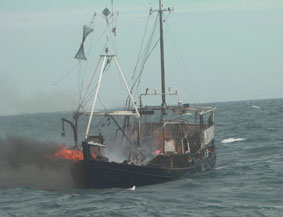 fishing boat on fire filey bay
