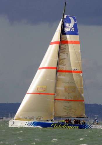 Telefonica Azul finishing the Sevenstar Round Britain and Ireland Race