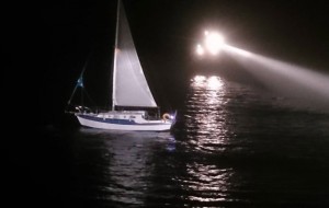 Yacht in fog off Torbay