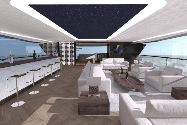 The yacht includes a beach club, spa, several bars, a pool and sunbathing areas on multiple decks onboard.