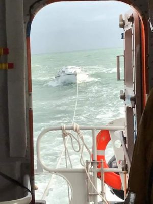 Dismasted yacht after a collision with a container ship is towed into Ramsgate