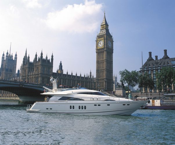 Fairline yacht outside the Houses of Parliament