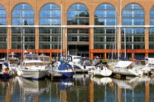 Yachts moored at St Katharine Docks, London On-Water show