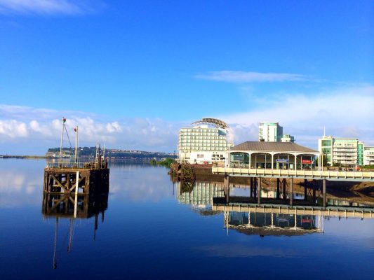 Still water during the morning at Cardiff Bay in Wales