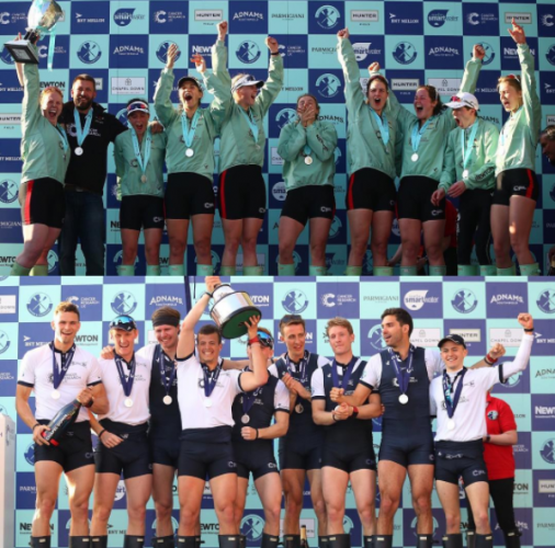 Rowers celebrating after winning in the Oxford v Cambridge Boat Races