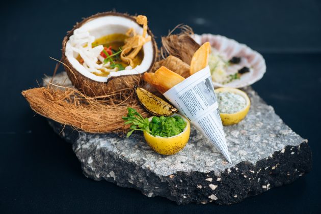 A sample of fish dishes on a rock