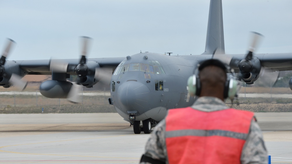 An aeroplane prepares to take off