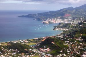 An aerial view of Grenada showing yachts in the harbour