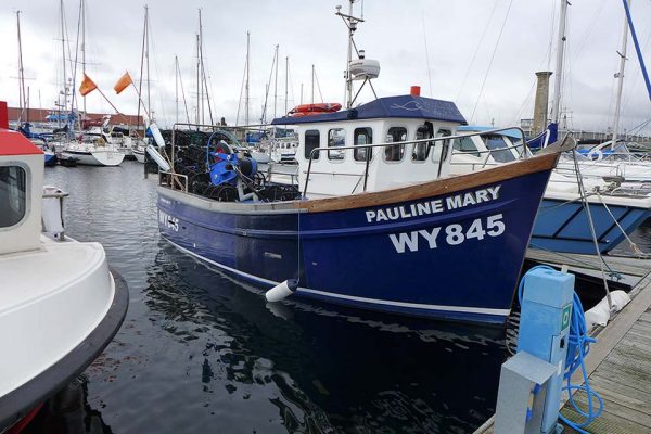 A blue and white fishing boat moored at Hartlepool marina