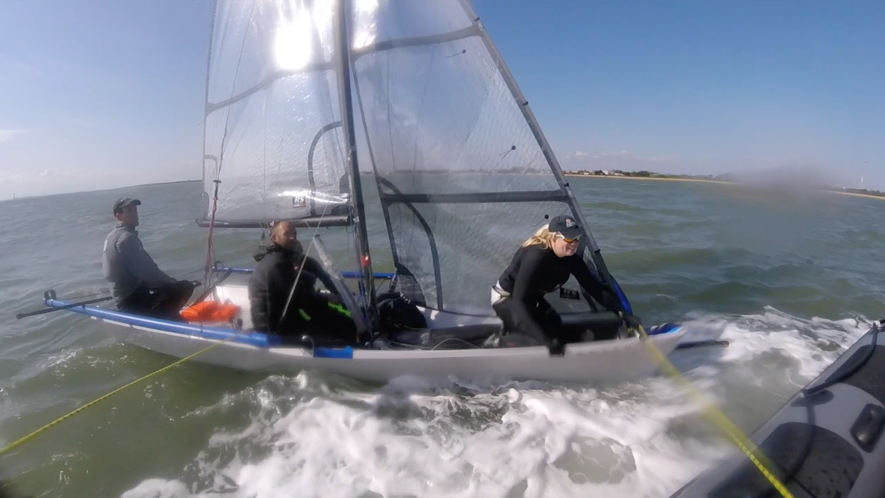 Sailors in a dinghy on the water