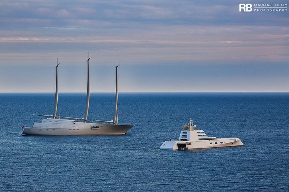 Sailing Yacht A and Superyacht A side by side in Monaco