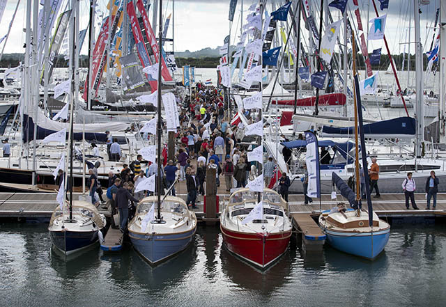 Boats moored alongside pontoons at the Southampton boat Show