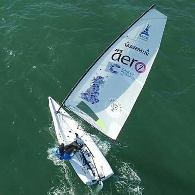 Aerial view of a man sailing a white dinghy