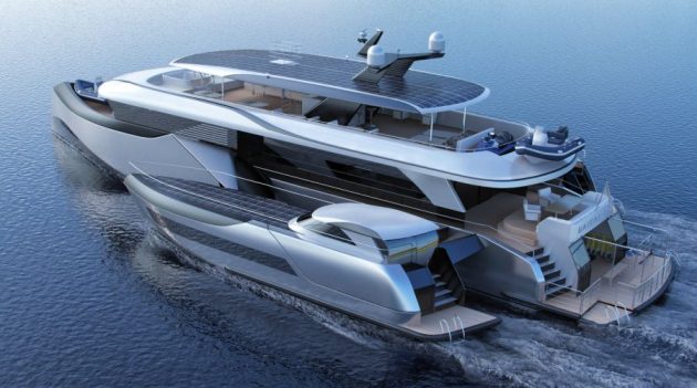 Render of a trimaran with a flybridge and solar panels
