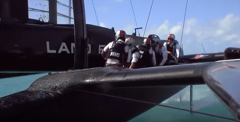 Crash between America's Cup teams SoftBank Team Japan and Land Rover BAR as they push the limits of sailing