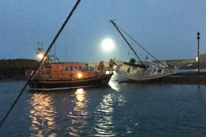 A yacht listing after running aground at Ardglass Marina