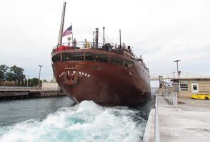 Red hull of the Kaye E Barker which hit a bridge in Green Bay