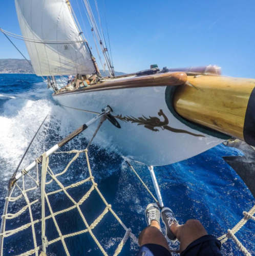 View of a wooden superyacht from the bowspirt