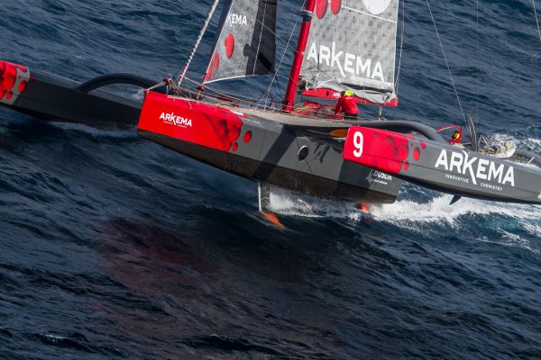The red and black Multi50 Arkema which will take part in the Transat Jacques Vabre