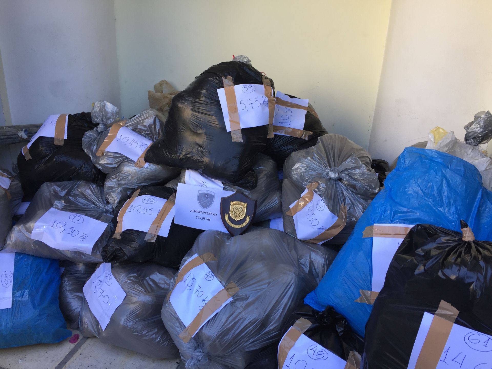 Black plastic bags of raw cannabis found on a sailing boat in the Aegean Sea