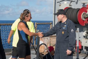 Jennifer Appel shakes USS Ashland (LSD 48) Command Master Chief Gary Wise's hand