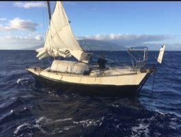 The Australian man and his homemade boat was rescued by the US Coast Guard off Maui. Credit: US Coast Guard District 14 Hawaii Pacific