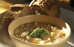 Pottage of beans, pearl barley and pheasant with green sauce