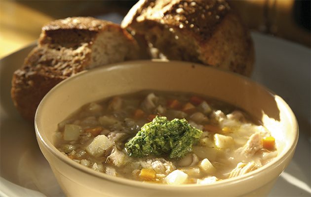 Pottage of beans, pearl barley and pheasant with green sauce