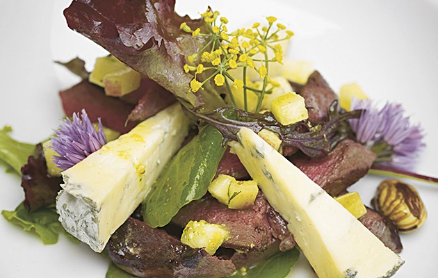 Pigeon and blue cheese salad with russet dressing