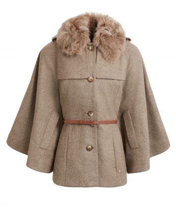 Herringbone cape in taupe from Fairfax & Favor is a flattering shape