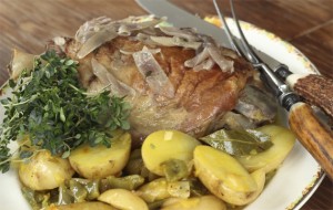 Slow cooked lamb with sherry and saffron potatoes