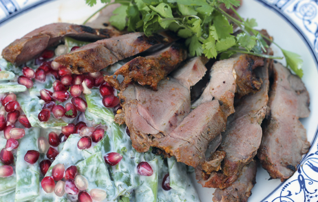 Grilled venison with runner bean, pomegranate and honey salad