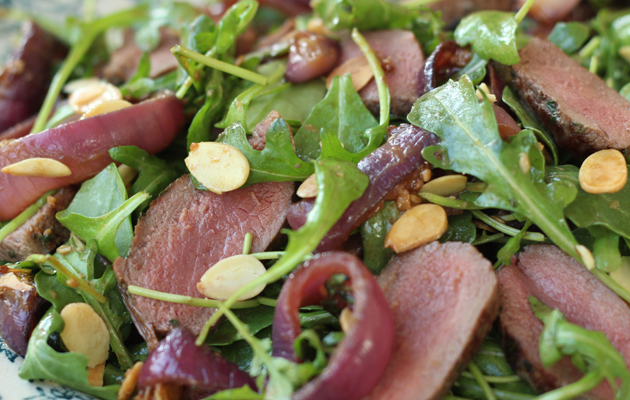 Thyme-crusted Venison fillet with balsamic onion salad.